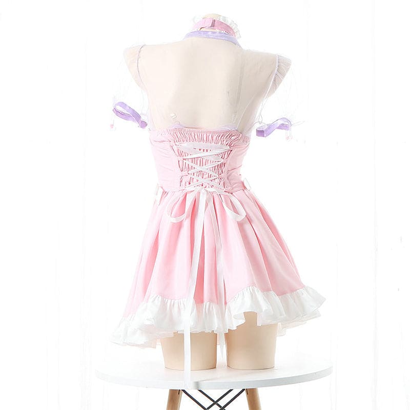 Pink Lace Up Lolita Maid Dress Set - Pink / One Size