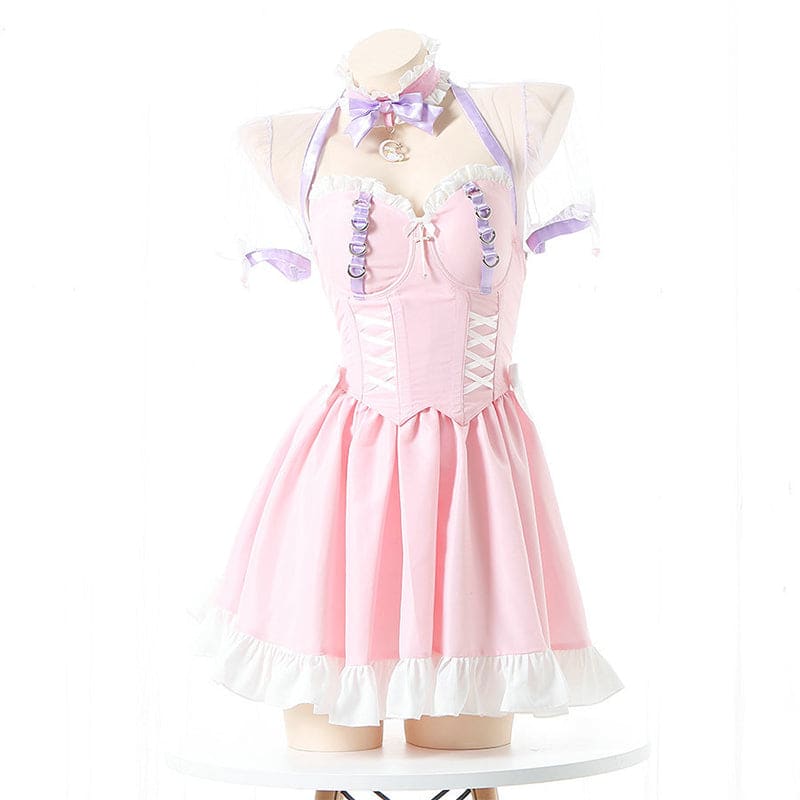 Pink Lace Up Lolita Maid Dress Set - Pink / One Size