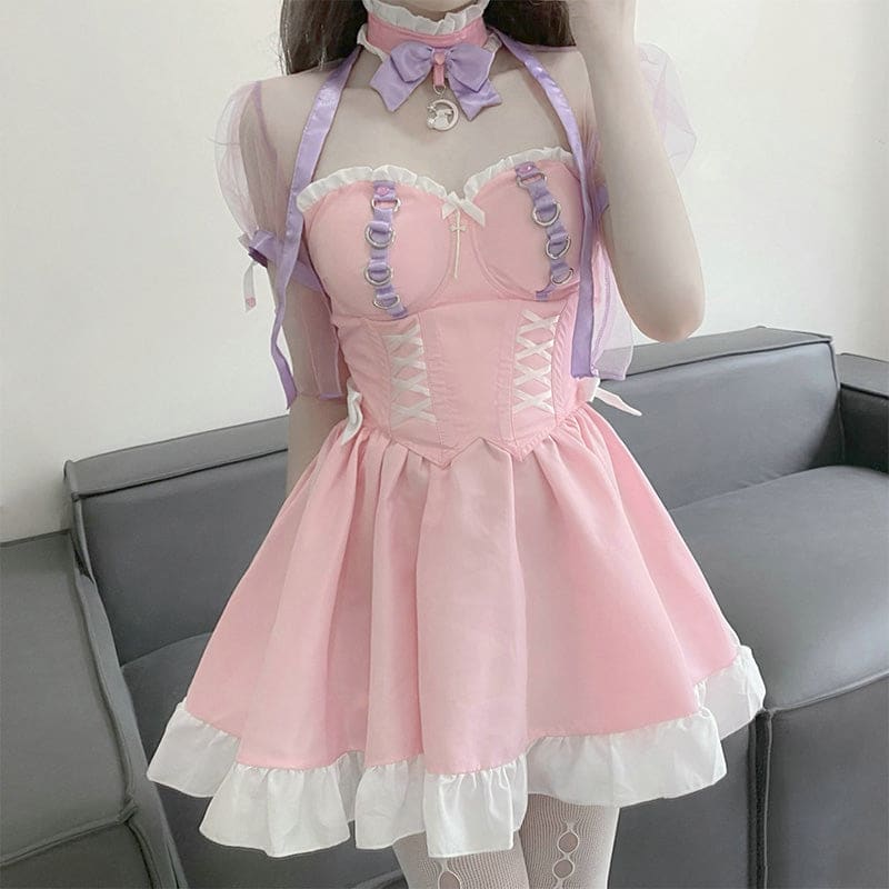 Pink Lace Up Lolita Maid Dress Set - Pink / One Size