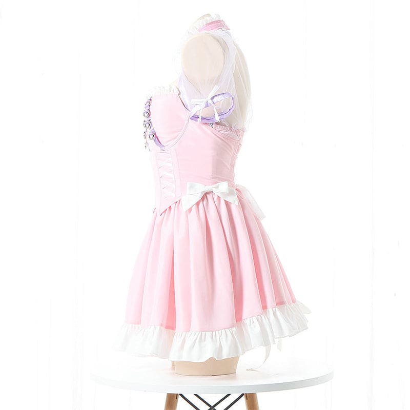 Pink Lace Up Lolita Maid Dress Set - Pink / One Size