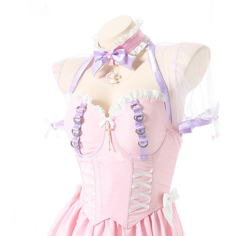 Pink Lace Up Lolita Maid Dress Set - Pink / One Size