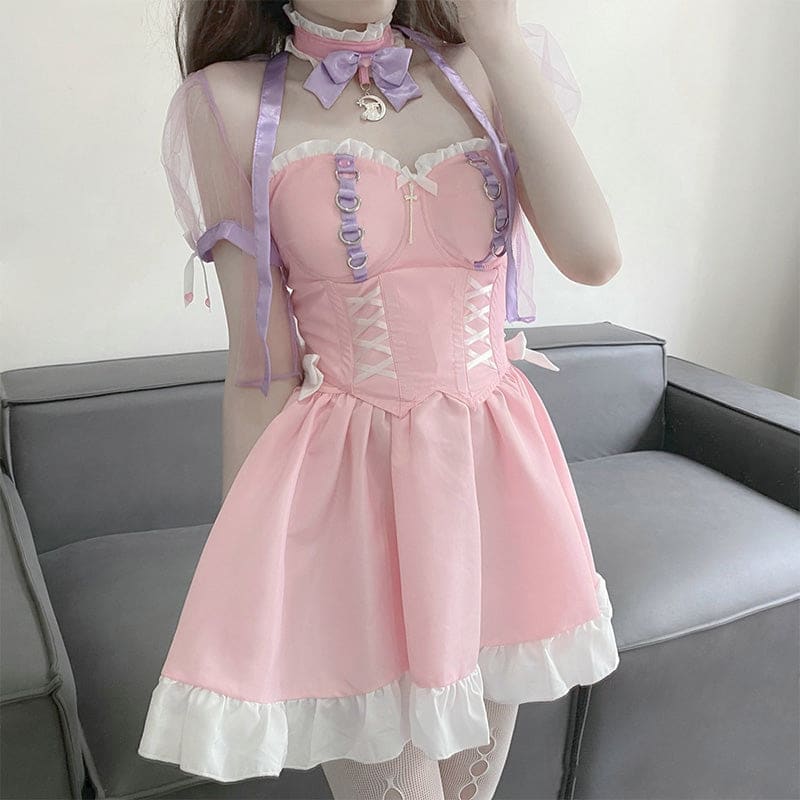 Pink Lace Up Lolita Maid Dress Set - Pink / One Size