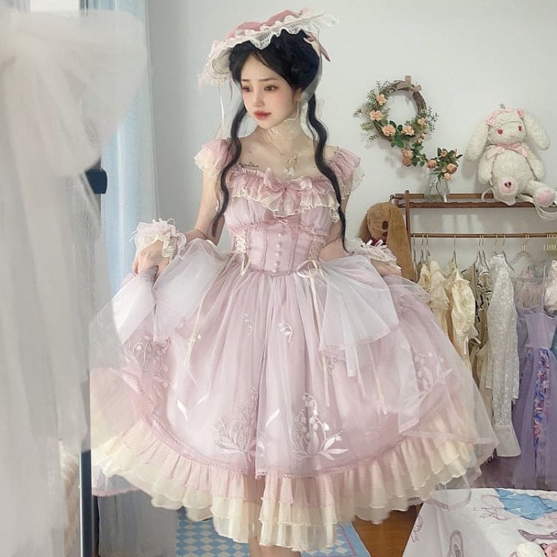 Pink Lily Vintage Style Lace-up Princess Lolita Dress KawaiiMoriStore Pink Lily Vintage Style Lace-up Princess Lolita Dress KawaiiMoriStore