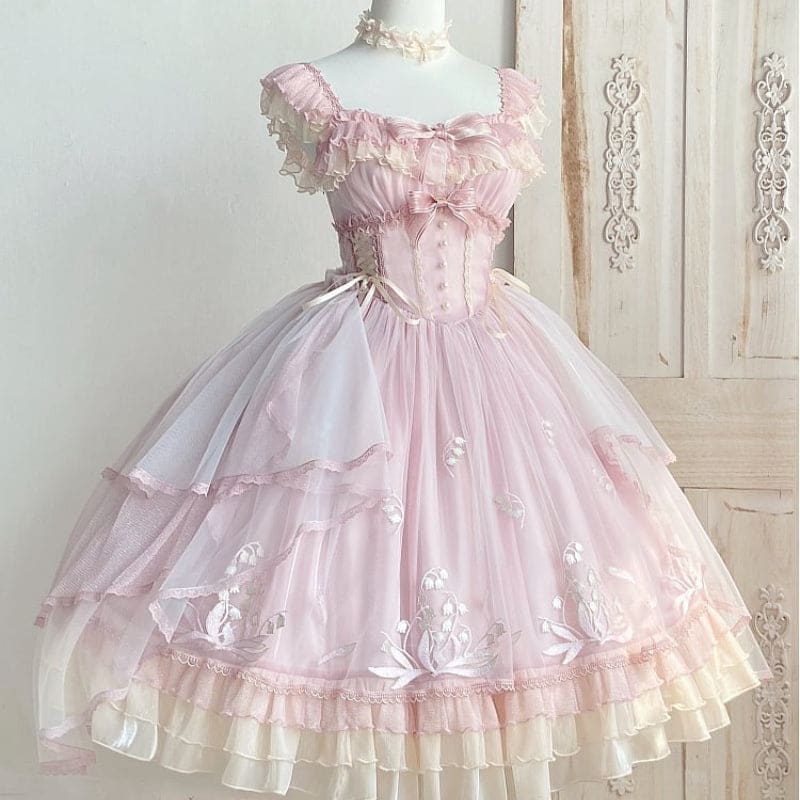 Pink Lily Vintage Style Lace-up Princess Lolita Dress KawaiiMoriStore Pink Lily Vintage Style Lace-up Princess Lolita Dress KawaiiMoriStore