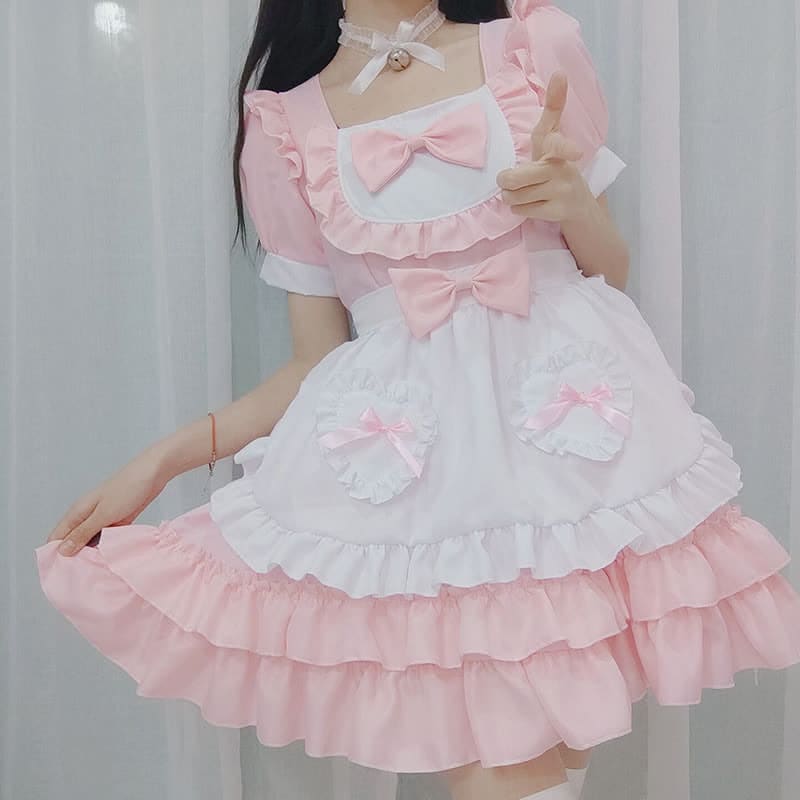 Pink Lolita Love Heart Bow Knot Ruffled Maid Dress