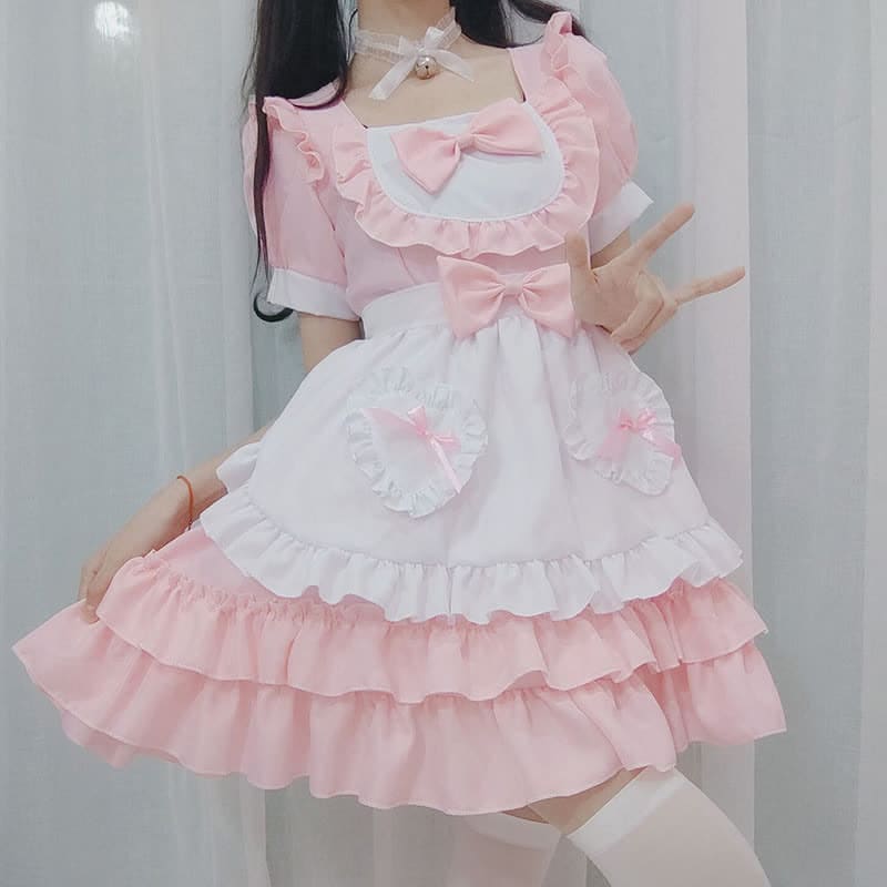 Pink Lolita Love Heart Bow Knot Ruffled Maid Dress