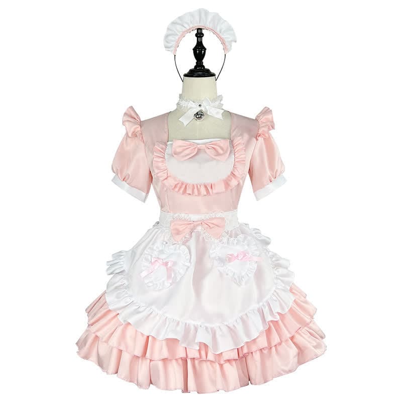 Pink Lolita Love Heart Bow Knot Ruffled Maid Dress - Pink