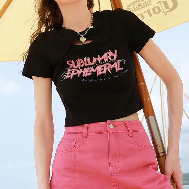 Pink Love Heart Print Crop Top T-Shirt Pink Cargo Pants