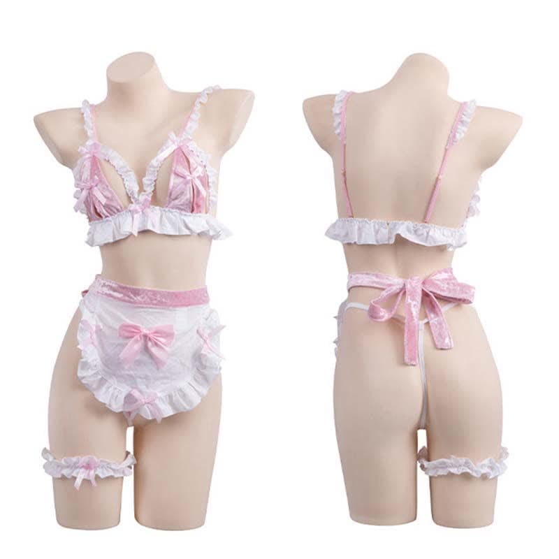 Pink Maid Bow Knot Lace Hollow Out Bikini Lingerie - Pink