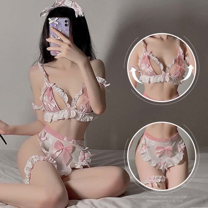 Pink Maid Bow Knot Lace Hollow Out Bikini Lingerie - Pink