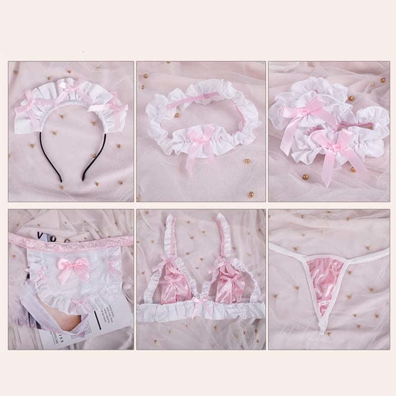 Pink Maid Bow Knot Lace Hollow Out Bikini Lingerie - Pink