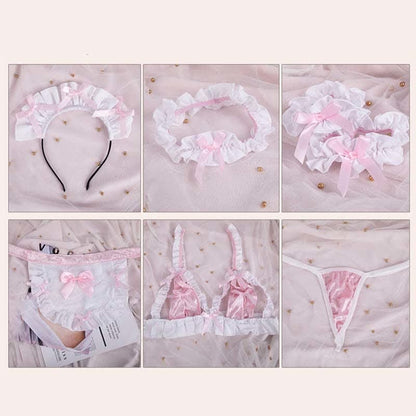 Pink Maid Bow Knot Lace Hollow Out Bikini Lingerie - Pink