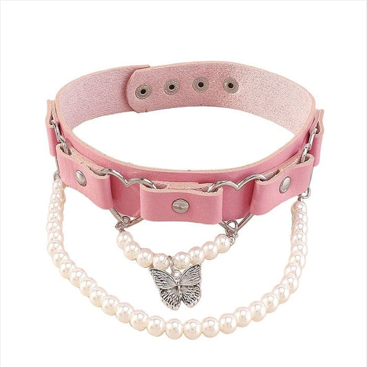 Pink Pearl Butterfly Choker - Standart / Pink - Necklace