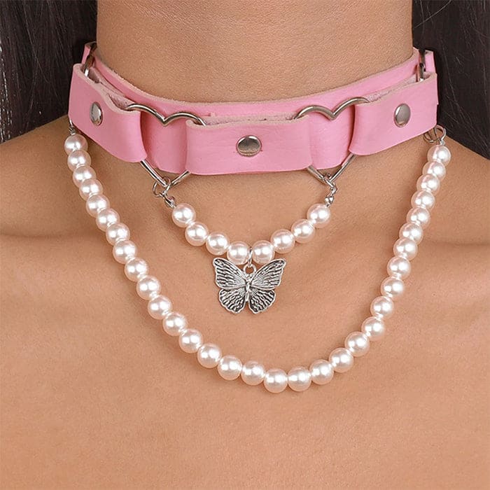 Pink Pearl Butterfly Choker - Standart / Pink - Necklace