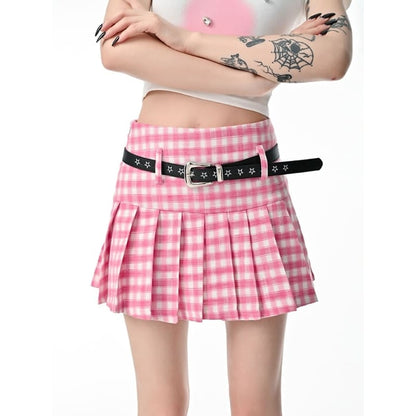 Pink Plaid Belt Skirt SpreePicky