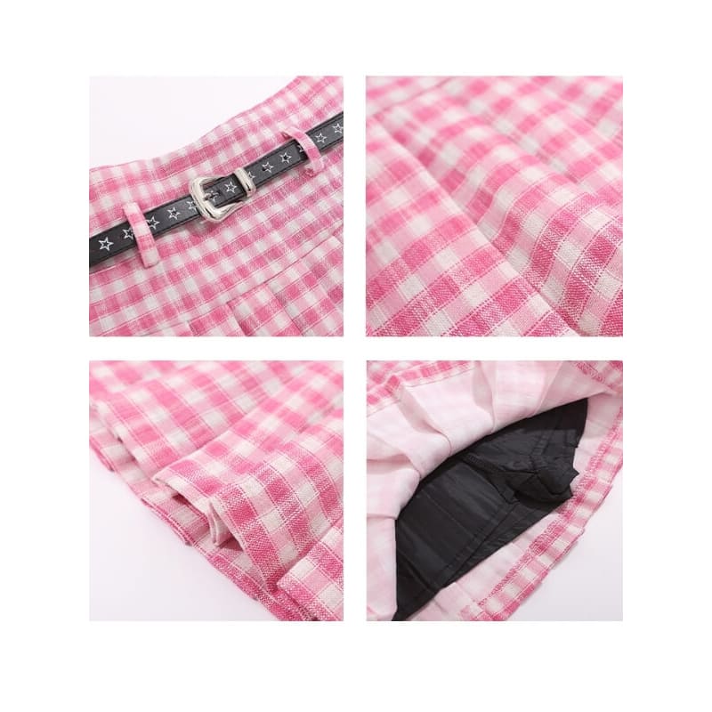 Pink Plaid Belt Skirt SpreePicky