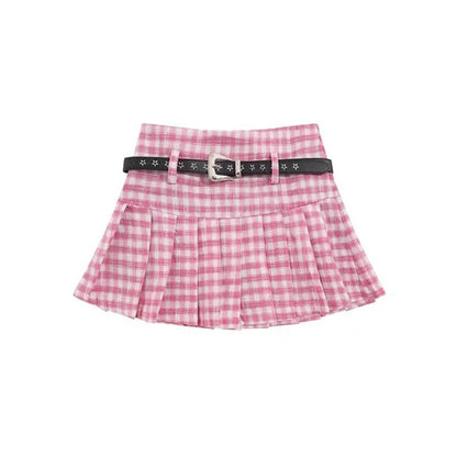 Pink Plaid Belt Skirt SpreePicky