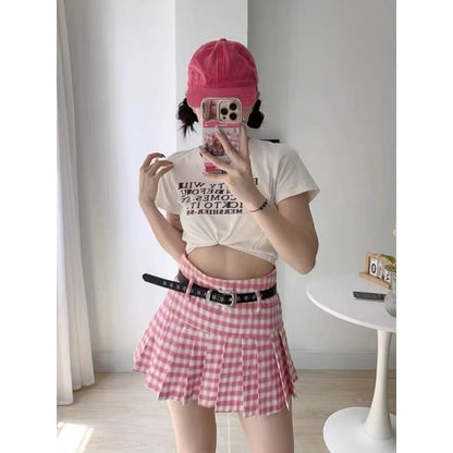 Pink Plaid Belt Skirt SpreePicky