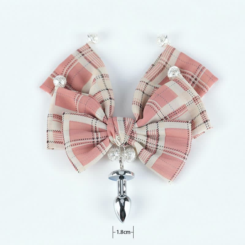 Pink Plaid Bowknot Bell Choker Anal Plug SM Accessories