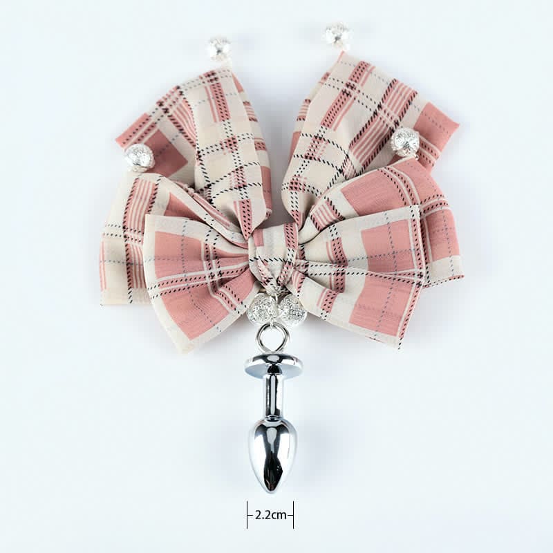 Pink Plaid Bowknot Bell Choker Anal Plug SM Accessories