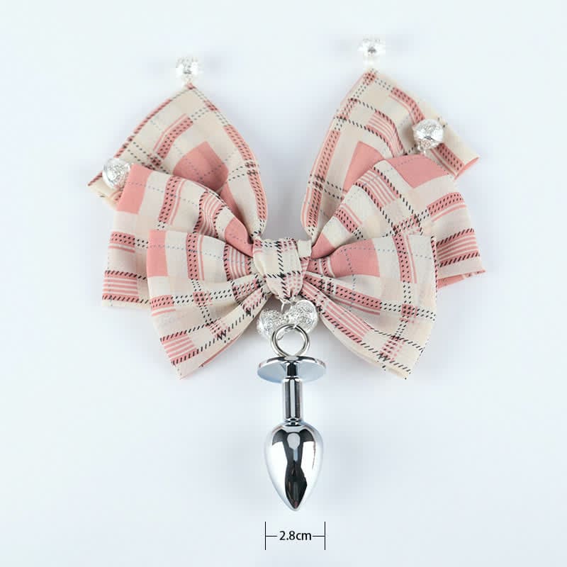 Pink Plaid Bowknot Bell Choker Anal Plug SM Accessories