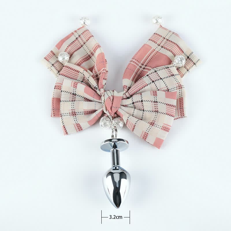 Pink Plaid Bowknot Bell Choker Anal Plug SM Accessories