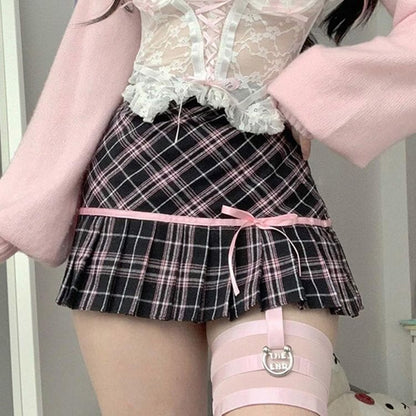 Pink Plaid Ribbon Mini Skirt - Skirt