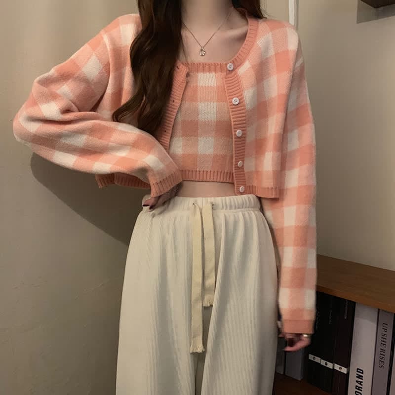 Pink Plaid Top Cardigan Sweater White Pants Set