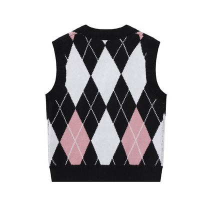 Pink Rhombus Print Vest Long Sleeve Shirt Pleated Skirt