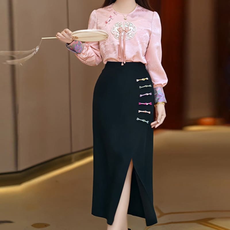 Pink Round Neck Shirt Slit Skirt Set