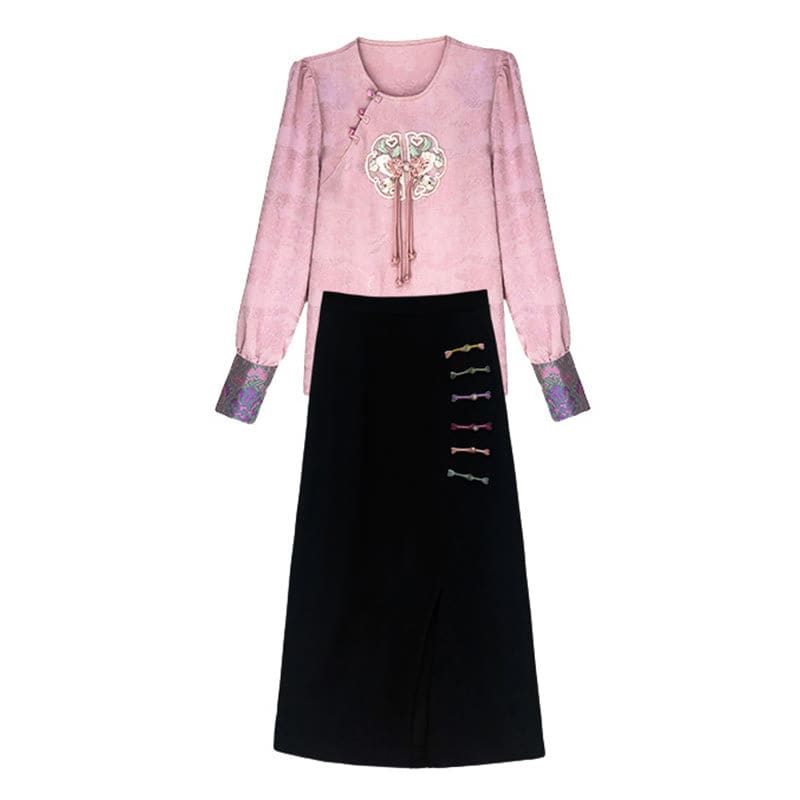 Pink Round Neck Shirt Slit Skirt Set - Set / S