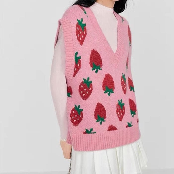 Pink Strawberry Knit Vest - Vest