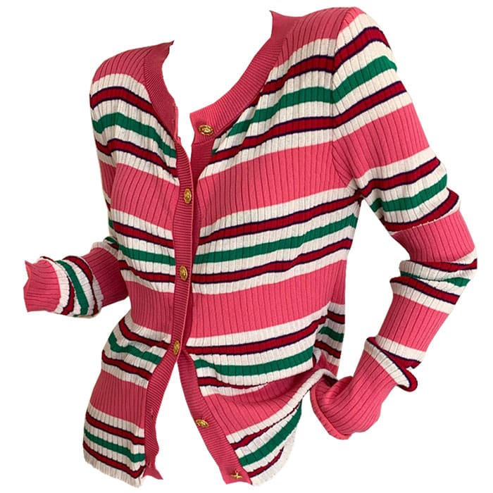 Pink Striped Ribbed Cardigan - Free Size / Pink - Cardigan