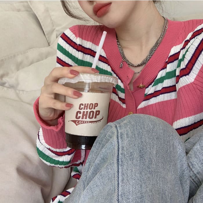 Pink Striped Ribbed Cardigan - Free Size / Pink - Cardigan