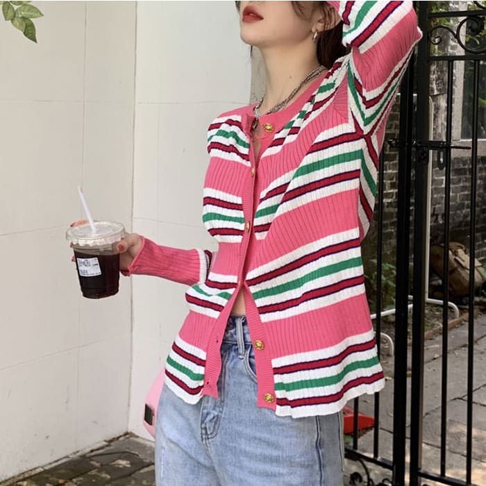 Pink Striped Ribbed Cardigan - Free Size / Pink - Cardigan