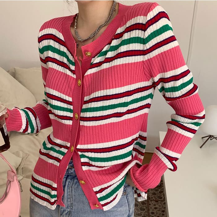 Pink Striped Ribbed Cardigan - Free Size / Pink - Cardigan