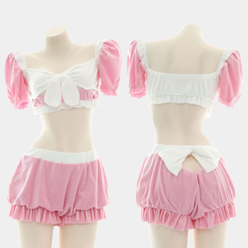 Pink Sweet Bow Knot Maid Lingerie Set - Pink / One Size