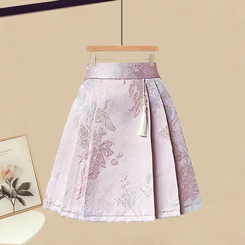 Pink Vintage Strappy Shirt High Waist Pleated Skirt - Skirt