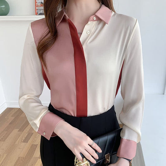 Pink White Colorblock Lapel Shirt Workwear