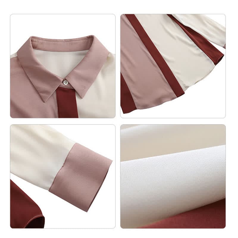 Pink White Colorblock Lapel Shirt Workwear