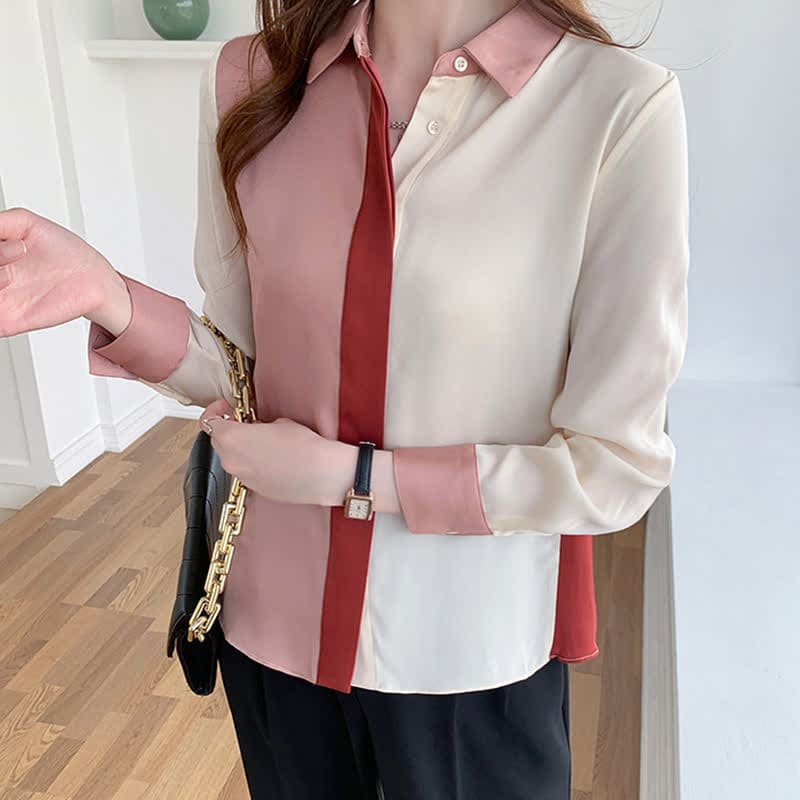 Pink White Colorblock Lapel Shirt Workwear