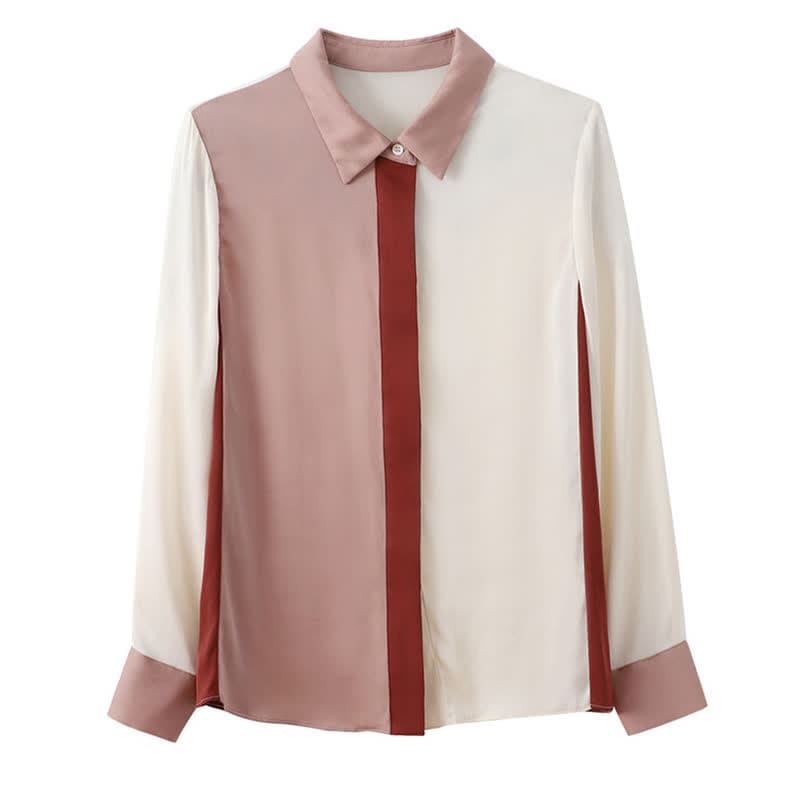 Pink White Colorblock Lapel Shirt Workwear - Pink / S