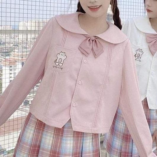 Pink/White Kawaii Embroidery Cute Cat Long Sleeve Sailor