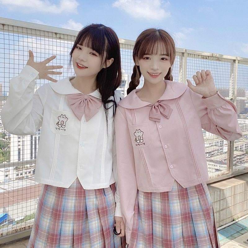 Pink/White Kawaii Embroidery Cute Cat Long Sleeve Sailor