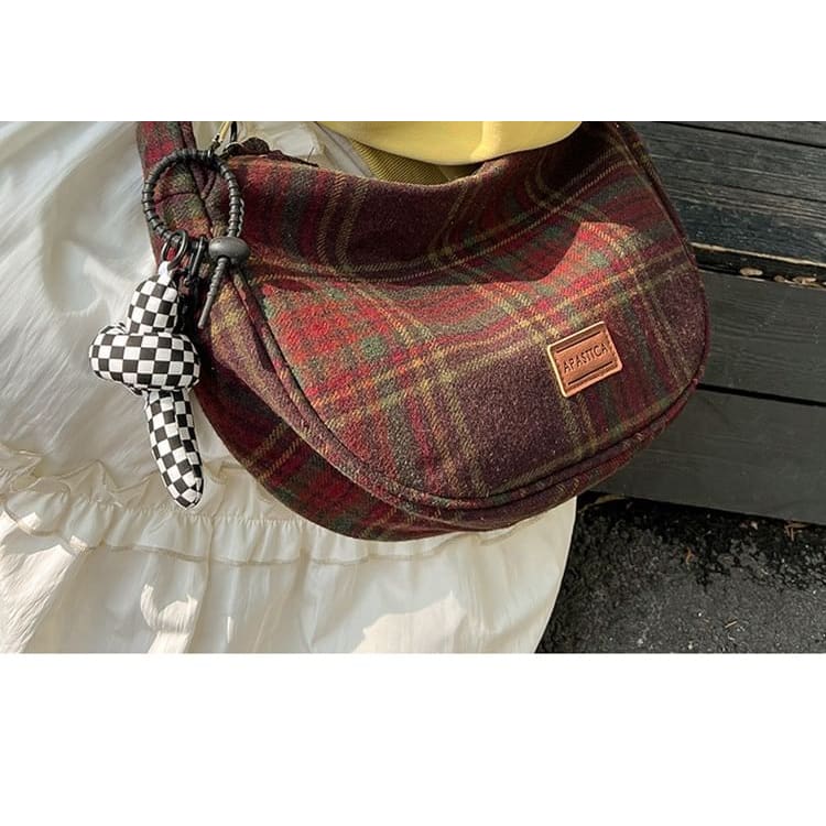 Plaid Applique Crossbody Bag / Bag Charm / Set