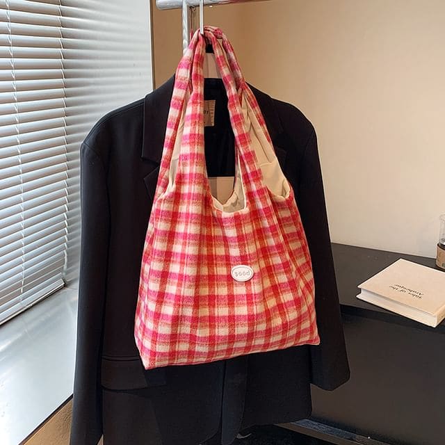 Plaid Applique Tote Bag - Plaid - Pink / One Size