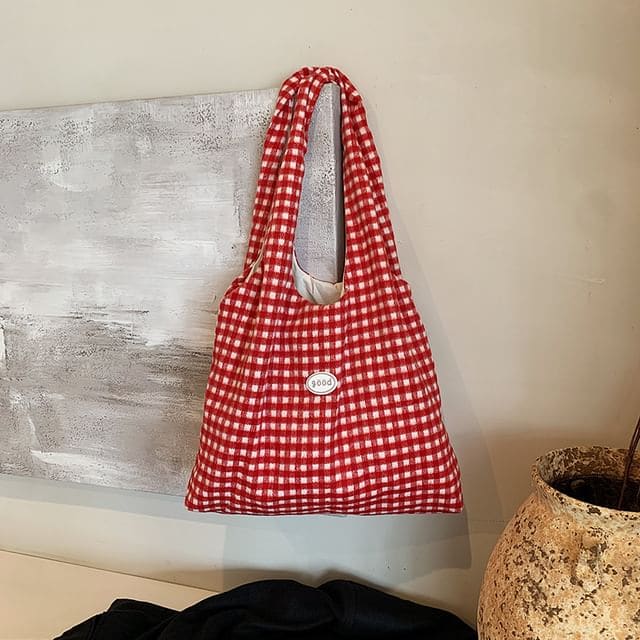 Plaid Applique Tote Bag - Plaid - Red / One Size