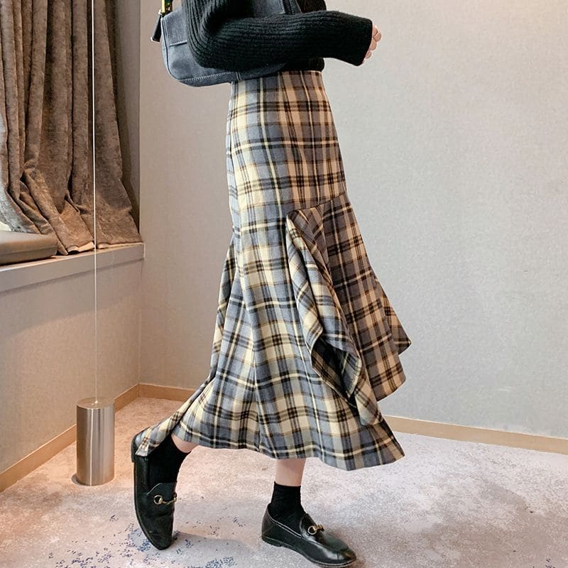 Plaid Asymmetric Hem Mermaid Skirt