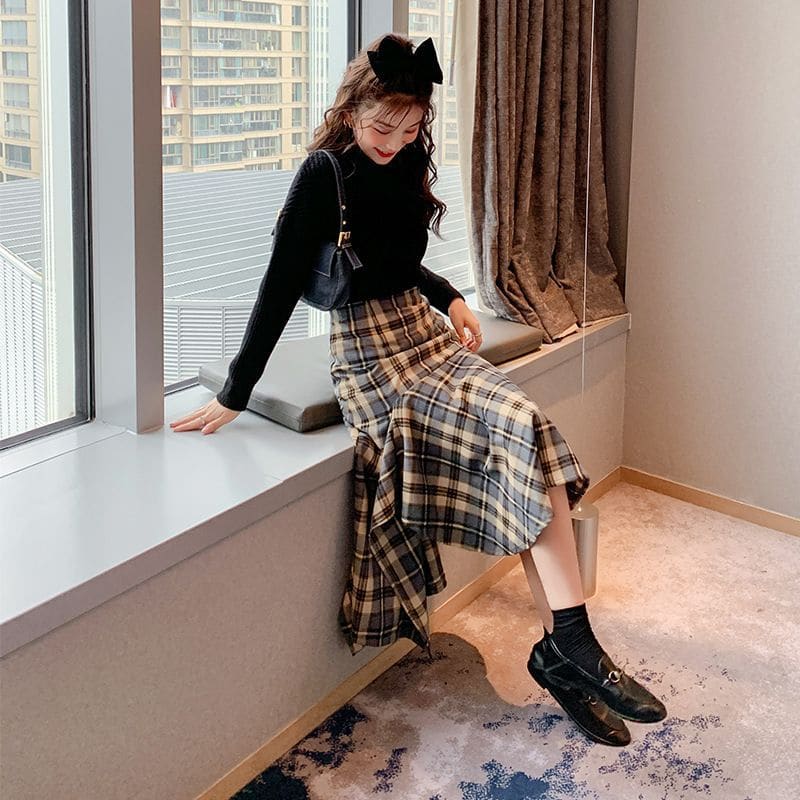 Plaid Asymmetric Hem Mermaid Skirt