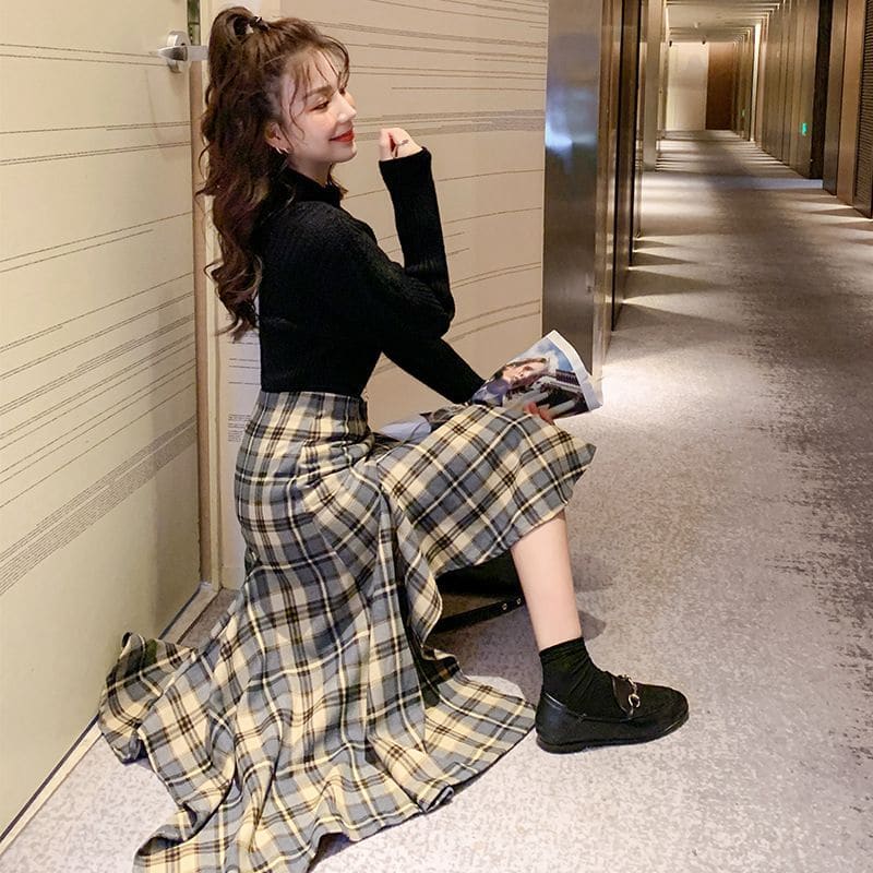 Plaid Asymmetric Hem Mermaid Skirt